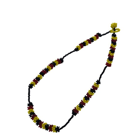 Multicolor Beaded Necklace Flower Pattern Handmade Red Yellow Black Tribal Style - Picture 1 of 4